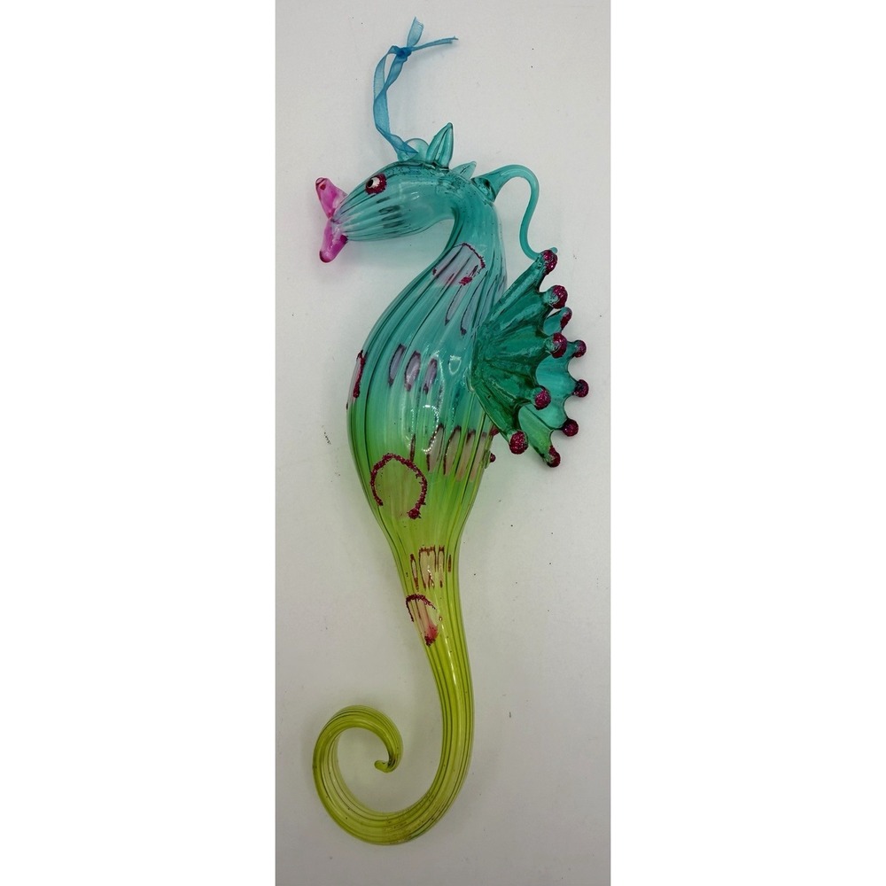 Pier 1 Blown Glass Seahorse Figure Ornament Large Aqua Green 7" Long EUC